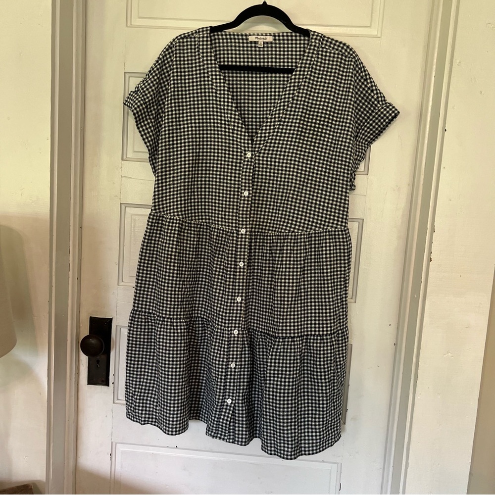 Cuff-Sleeve Button-Front Tiered Mini Dress in Gingham Check